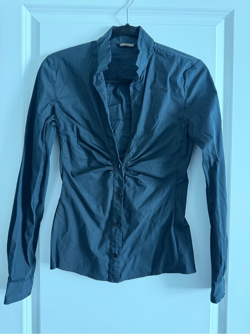 Roberto Cavalli Black Gathered Button-Front Shirt